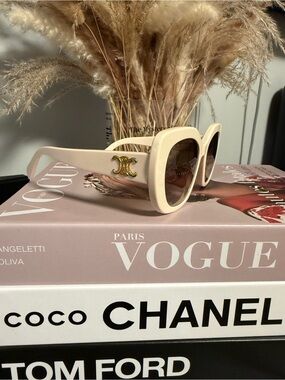 Celine Cream Oversized Square Sunglasses with Gold Logo Accent